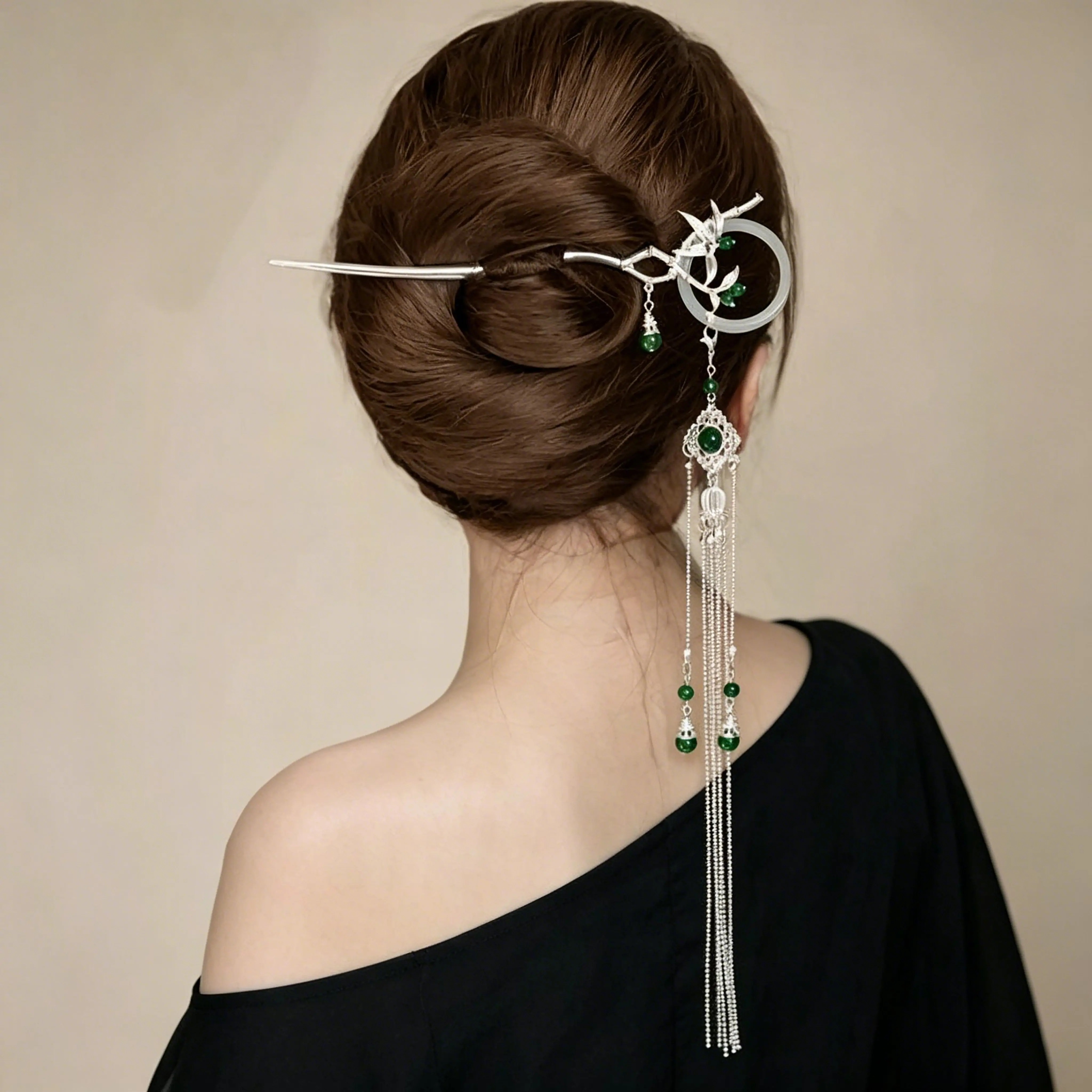 Women's Handmade Silver Moon Bamboo Hairpin - Long Tassel, Chinese-Japanese Oriental Aesthetic, Boho Hair Accessories, Hair Style Accessory, Handmade Art, Fashionable Fixing Jewelry, Memorial Day Gift, Ideal for Daily Use