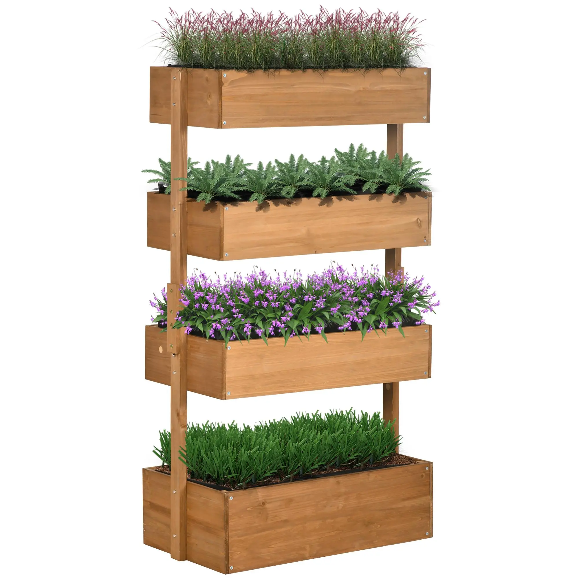 Outsunny 4-Tier Fir Wood Vertical Stack Space Saver Raised Garden Bed, Self-Draining Stackable Planter with Liner, Outdoor/Indoor Outdoor Planters for Flowers, Vegetables