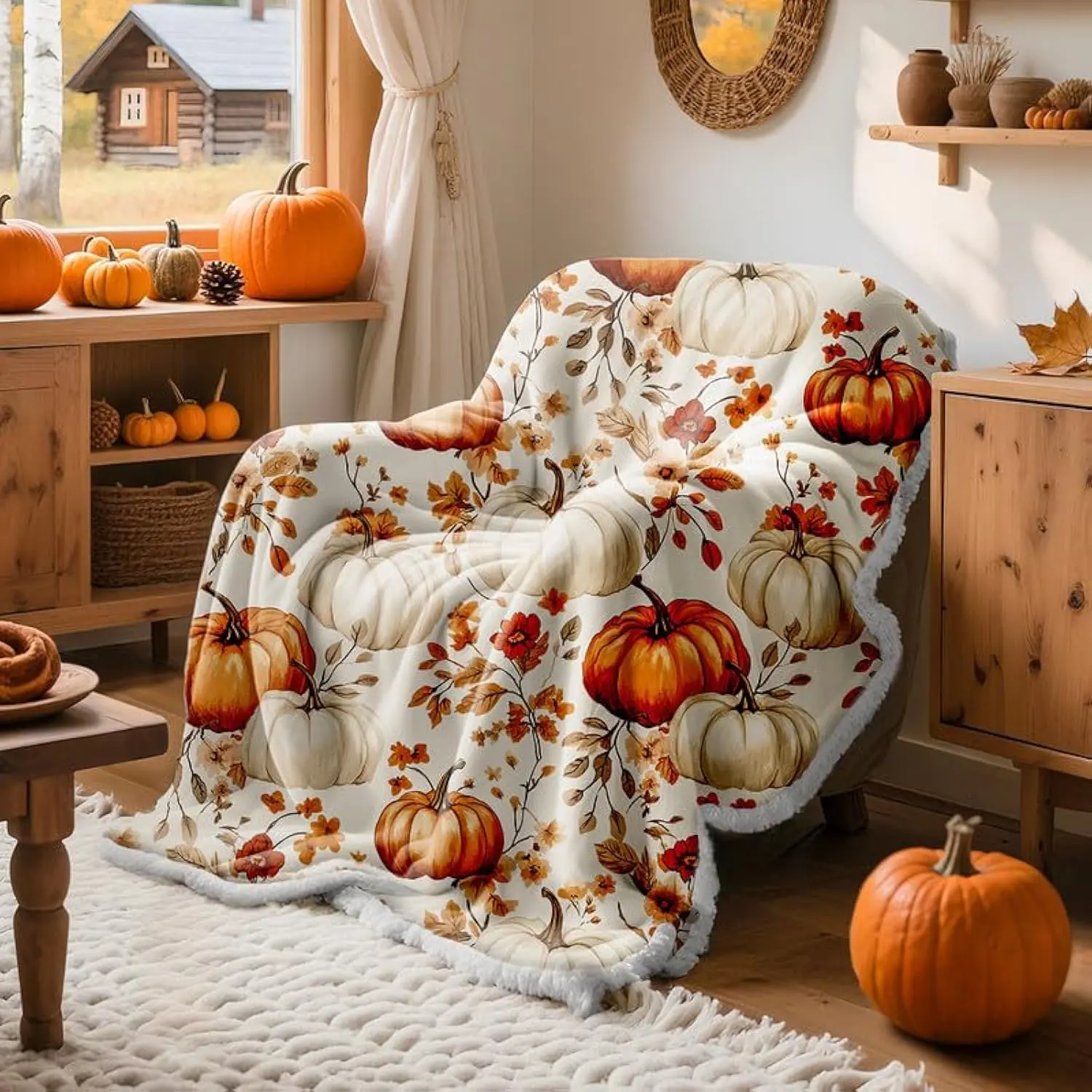 Eyesoul Fall Pumpkin Flannel Throw Blanket, Soft Warm Flannel Sherpa Fleece Throws Orange Pumpkins Leaves Blanket for Couch Bed, Cozy Autumn Throw Blankets Farmhouse Thanksgiving Home Decor,