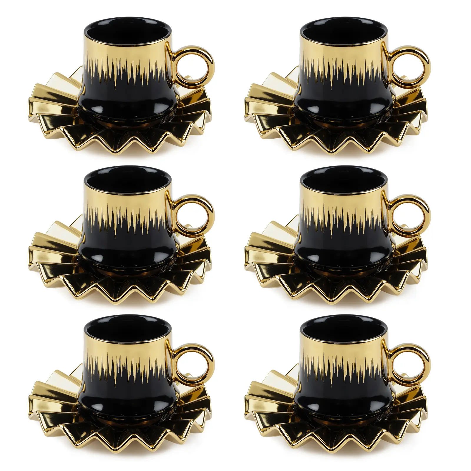 Coffee Cup Set of 6 with Saucers & Tray,3.4 oz Porcelain Espresso Cups Set with Gold Trim,Ceramic Turkish Coffee Cups for Latte, Mocha, Au Lait, Tea, Black