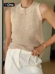 Women's Simple Round Neck Knit Sleeveless Crop Vest, French Casual Style, Perfect for Daily Leisure Wear, Short Fitted Plaid Outer Vest