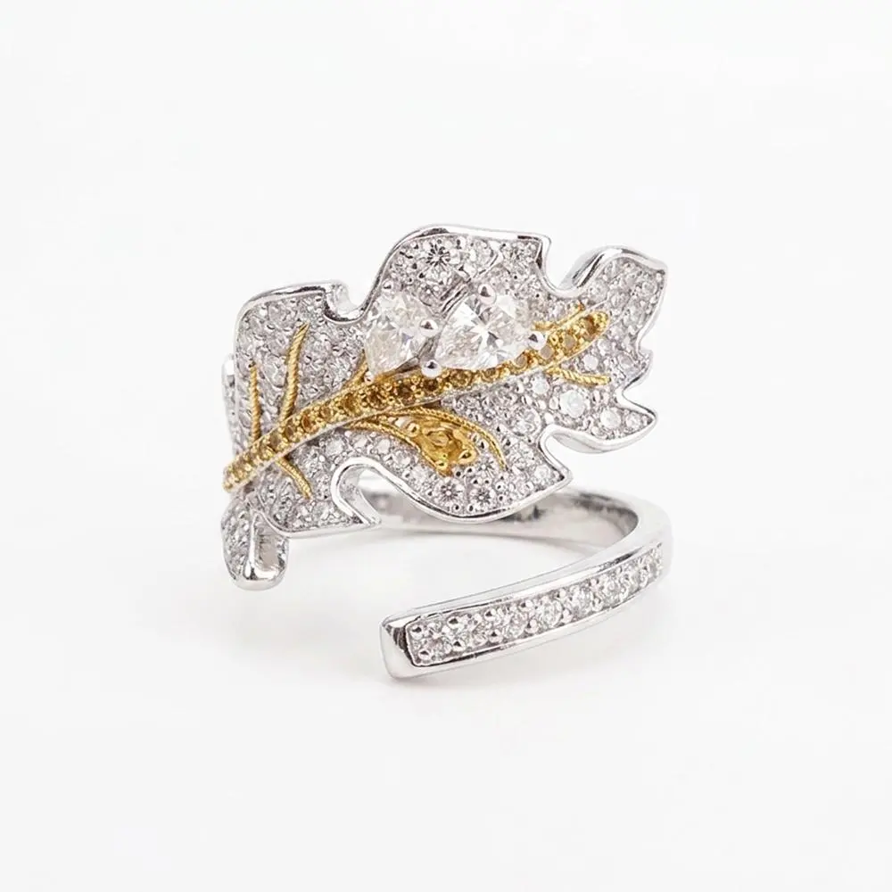 Elegant Leaf Shape Ring, Fully Set Moissanite with KC Gold Plating, Adjustable Open Band for Women, Statement Jewelry for Everyday Wear, Rings, Kc Plating, Moissanite Gem