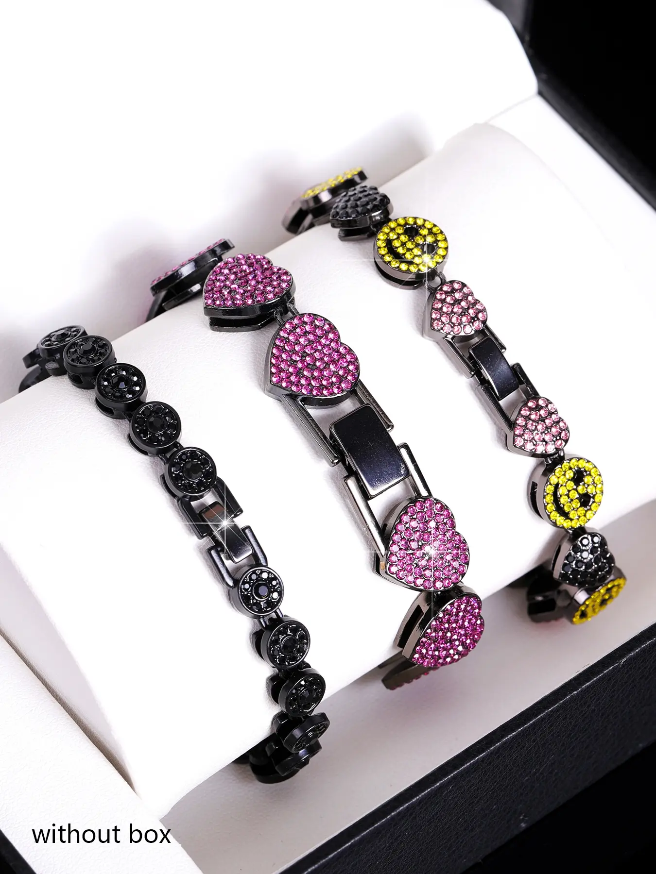 3pcs Luxurious purple/black/yellow heart-shaped smiley face tennis chain bracelet hip-hop ice cream spring and summer fashion jewelry