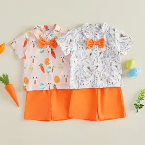 PYBCVRRD Toddler Baby Boy Easter Outfits Set Bunny Carrot Print Short Sleeve Button Down Shirt Solid Shorts 2 Piece Gentleman Clothes Set 3M-3Y
