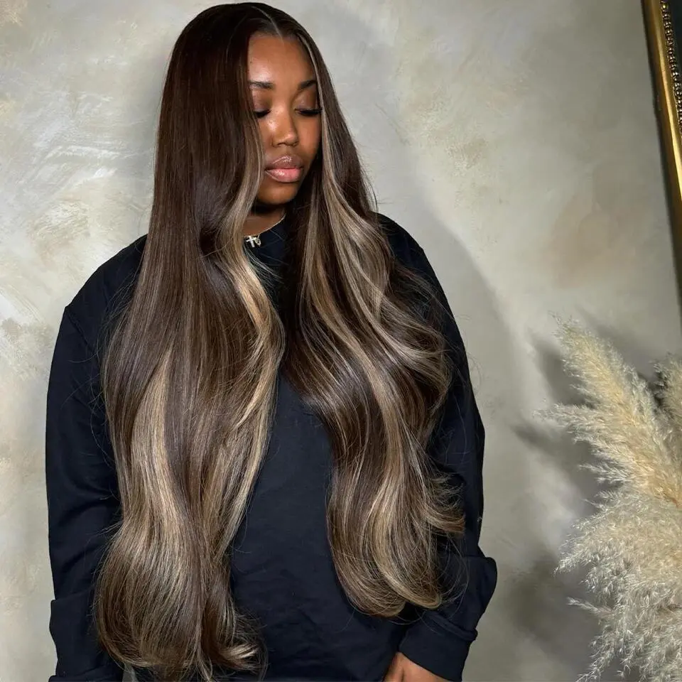 Brown Blonde Highlight Balayage Wig 13X6 Body Wave Human Hair Lace Front Wigs Pre Plucked 180% Density Highlight Ombre Colored Wigs Transparent Lace Frontal Wig Human Hair For Woman Natural Hairline