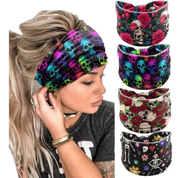 Halloween Skeleton Rose Headbands for Women Wide Headband Skull Wraps Holiday Hair Bands Festive Gift Hair Wrap Hair Accessories for Party(4 Pcs)