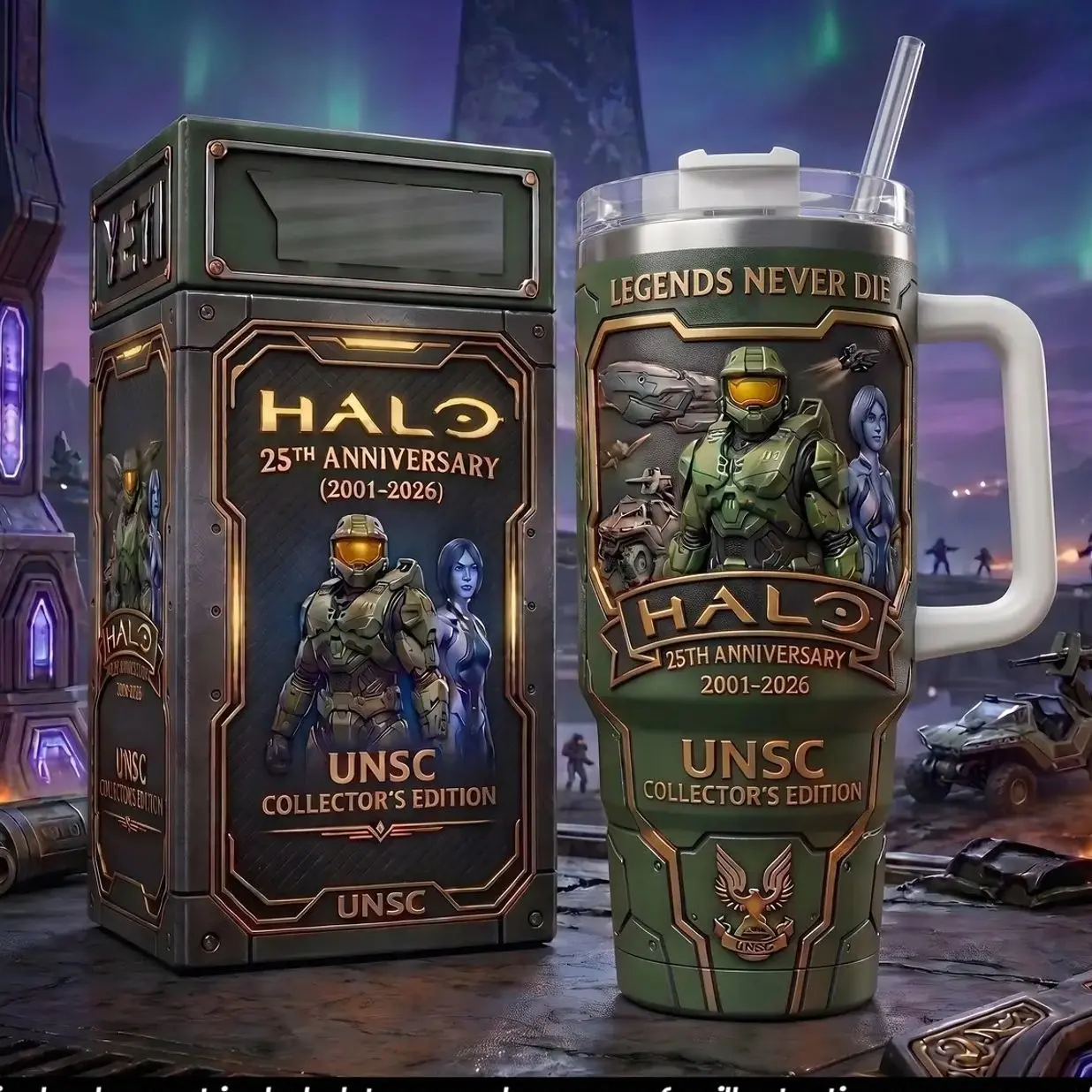 Halo 25th Anniversary 40oz Insulated Tumbler With Handle & Straw, 2001-2026 Collector Edition Stainless Steel Travel Mug, Master Chief & UNSC Gaming Cup, Halo Fan Gift