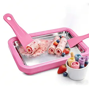Rolled Ice Cream Maker with 2 Scrapers Food Grade Stainless Steel for Frozen Yogurt Slushie Birthday Gift Homemade DIY Fun Parent-Child Activities Families Pink maker kit