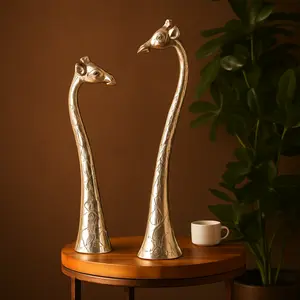Set of 2 Giraffe Silver Aluminum Metal Tall Decorative Sculpture with Spotted Texturing