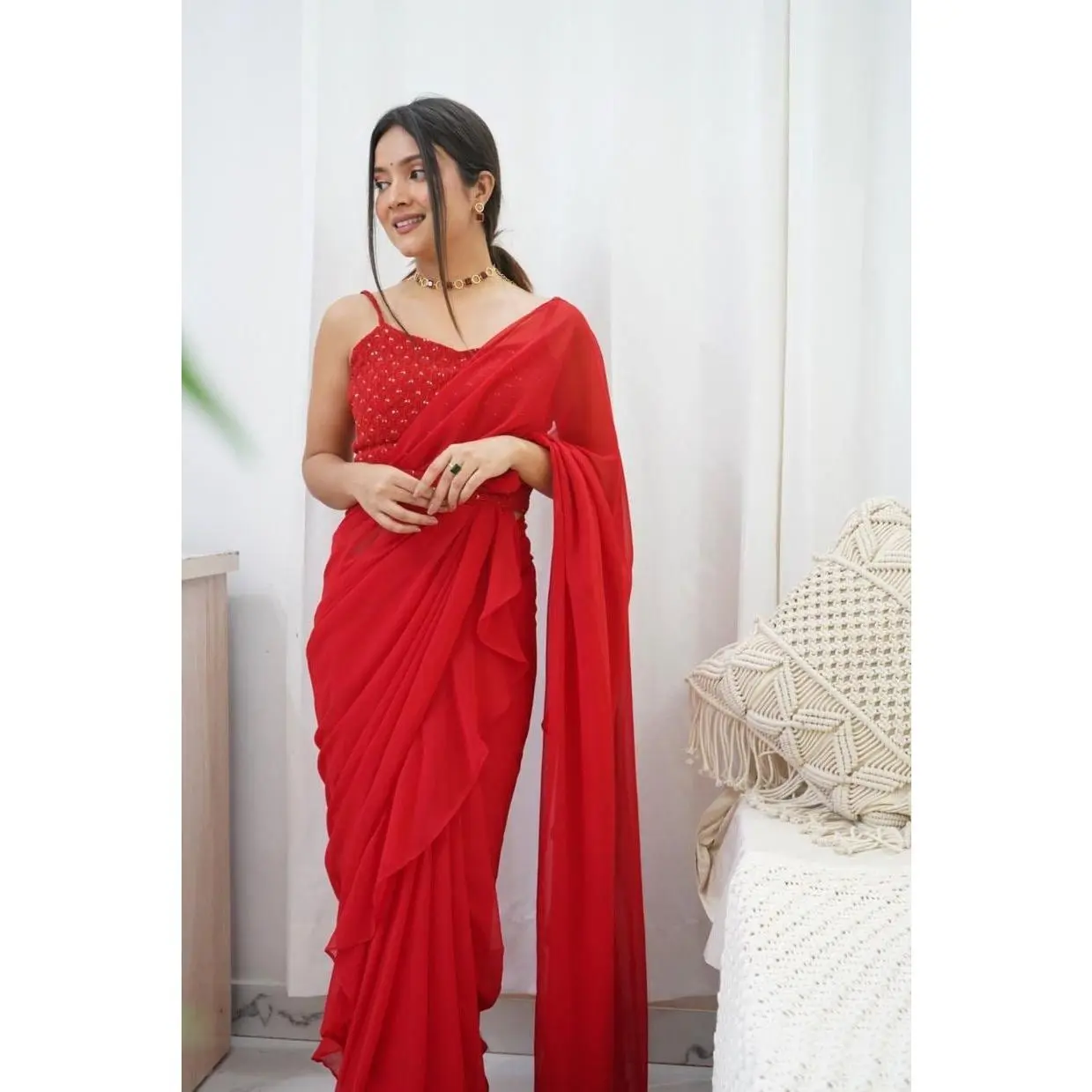 Scarlet Red Pre-Stitched Saree