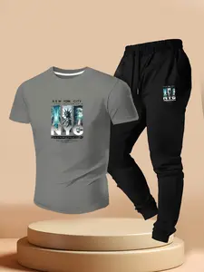 New York City Landmark Statue Print Short Sleeve T-Shirt + Sports Pants Set, Urban Culture Men's Sportswear, American Summer Style