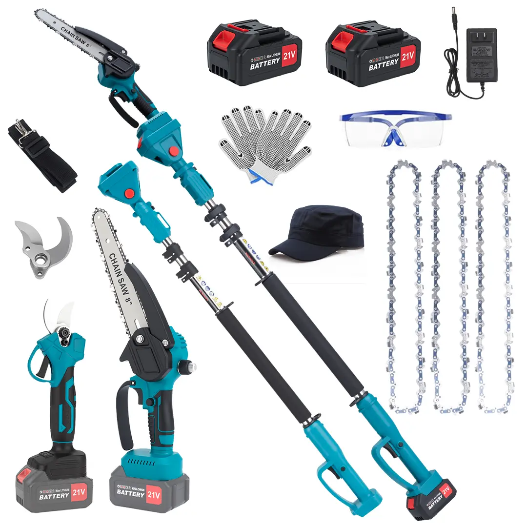 HULII 3-in-1 High Branch Combination Cordless Pole Saw & Pruning Shears Garden Tool Set - 21V Max Lithium Battery Electric Kit with 8" Mini Chainsaw, Pole Handle, Rechargeable Cells for Tree Trimming, Branch Cutting, Effortless Tree Trimming