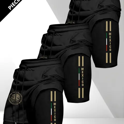 Mexican Theme Print Two-In-One Running Shorts, Men's Comfortable Breathable Sport Pants, 3-Pack Multi-Color Options, Loose-Fit Style, Running Athletic Shorts, Lightweight Workout Shorts