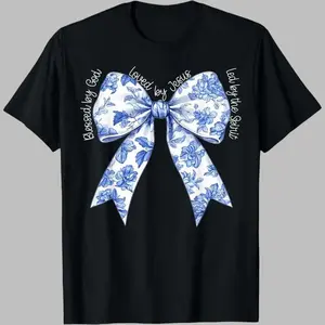 Blessed By God Loved By Jesus Blue Toile Coquette Bow Cotton T-Shirt Positive Affirmations High-Quality Breathable Comfortable Sizes S-4XL