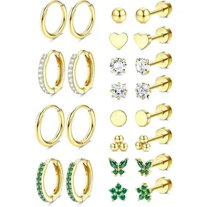FASACCO 12Pairs Stud Hoop Earrings for Women Hypoallergenic Surgical Steel Earrings for Sensitive Ears Comfortable Flat Back Earring Nickel-Free Cartilage Earring Stack Set for Multiple Piercing Jewelry Summervibes