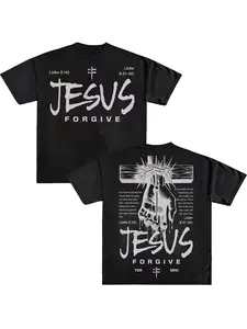 Vintage Jesus Forgive Graphic Tee Men Christian Bible John 3:16 Cross Crown Of Thorns Print T Shirt Retro Streetwear Loose Black Faith Religious Short Sleeve Shirt Y2K Goth Aesthetic Faith Apparel