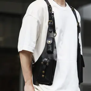Street Hip Hop Style Vest Bag - Men's Retro Chest Bag With Flap Pockets For Phone And Walkie-talkie, PU Leather Vest With Buckle Cross Strap - For Men - Suitable for Casual Wear, Outdoor Activities - Perfect Gift for Fashionable Men