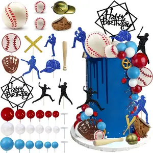 P-PSD041  Baseball Cake Decorations Sports Theme Party Decoration Supplies Baseball Themed Happy Birthday Cake Topper Party Decorations Wood Wooden