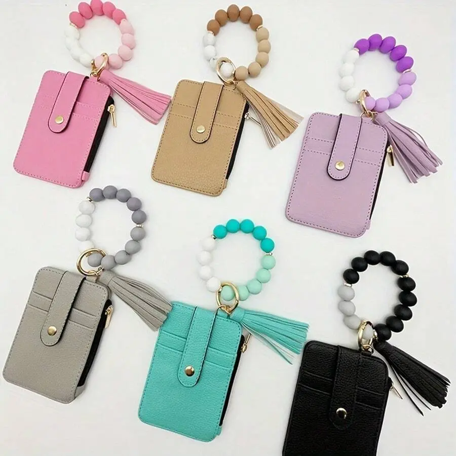Boho PU Wristlet Wallet for Women, Slim RFID-Blocking Card Holder with Silicone Beaded Accents and Tassel Charm, Everyday Carry Keychain Bangle, Pu Leather, Boho Vibe, Tassel Strap