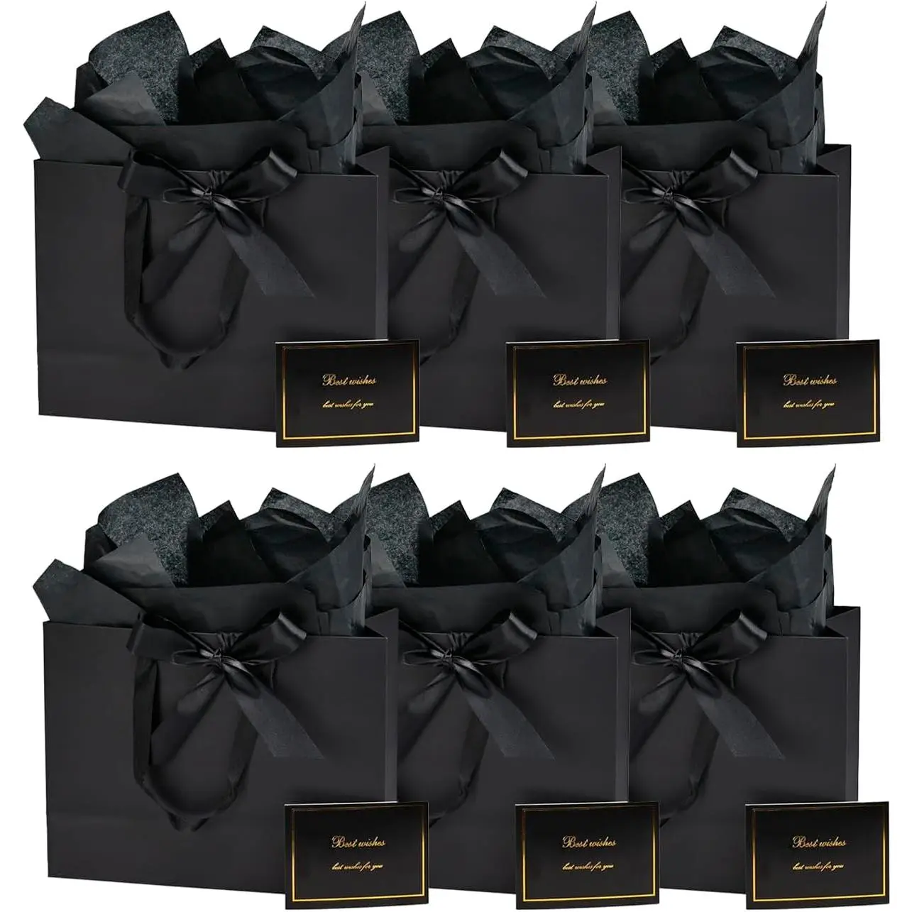 6 Pack 13x5x10 Inch Large Black Gift Bag Set with Tissue Paper, Greeting Card & Ribbon, Big Gift Wrapping Kits for Clothing, Shoes, Wine, Birthday, Christmas, Wedding Favors