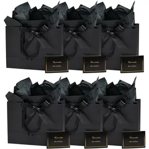 6 Pack 13x5x10 Inch Large Black Gift Bag Set with Tissue Paper, Greeting Card & Ribbon, Big Gift Wrapping Kits for Clothing, Shoes, Wine, Birthday, Christmas, Wedding Favors
