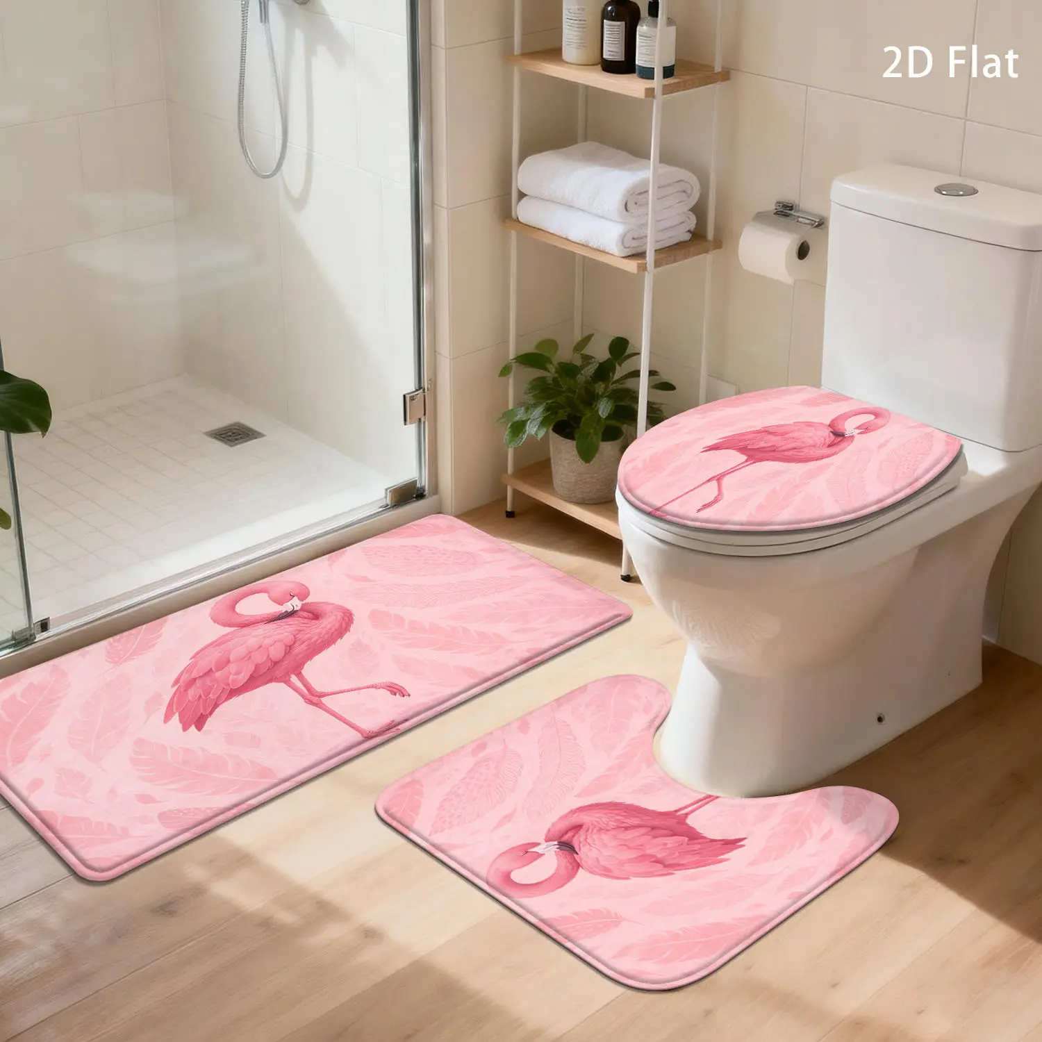 1/3pcs Pink Flamingo Bath Rug Suitable for Shower, Toilet, Laundry Room - Thickened Non-Slip Floor Mat with Soft Absorbent Quick-Dry, Machine Washable Suitable for Bathroom, Bedroom, Entryway, Bathtub Floor Covering, 2D Flat