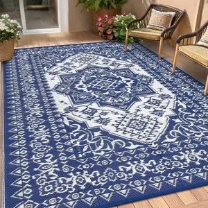 Outdoor Rug Waterproof Reversible Mat Vintage Medallion Patio Rug with 4 Stakes and Starage Bag Portable Outdoor Area Rug for Camping Porch Deck Balcony Backyard Beach, Navy