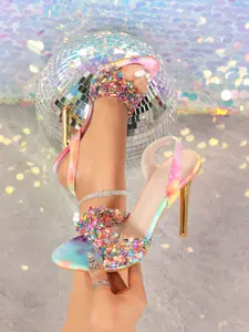 Women's High Heel Open-Toe Sandals, Fashion Stiletto Shoes, Tie Dye Pattern, Round Toe, Rubber Sole, Party & Casual Wear