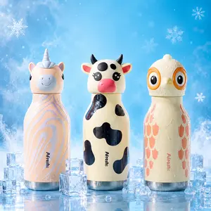 UFORU Cute Animal Insulated Water Bottle Cold Cup, Children's Cartoon Stainless Steel Straw Insulated Bottle, Leak proof Vacuum Bottle, Suitable for School, Travel and Outdoor, Unicorn/Cow/Chick Design