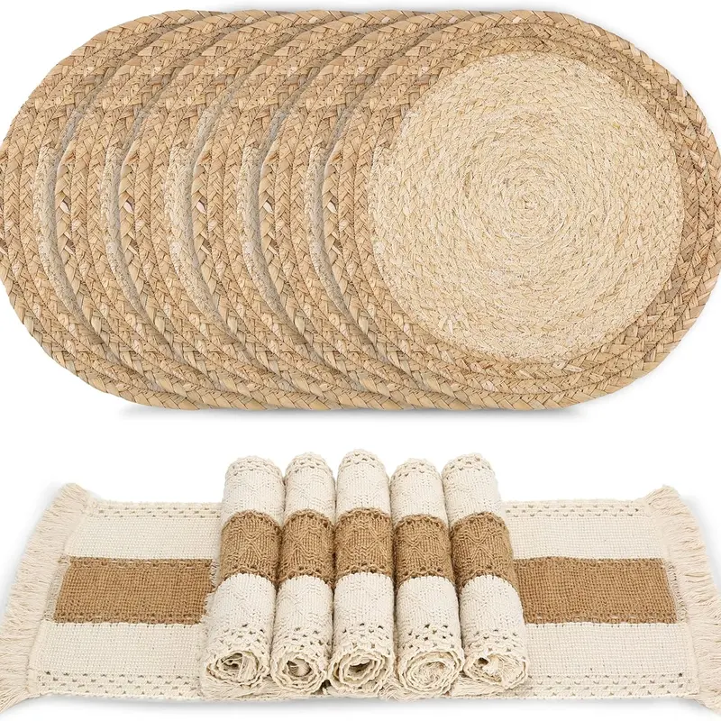 12Pcs Boho Placemats Set, Natural Cotton Burlap and Water Hyacinth and Corn Husk Materials Woven Combination Table Mats, Macrame Décor and Farmhouse Style Placemats, for Dining Table Kitchen