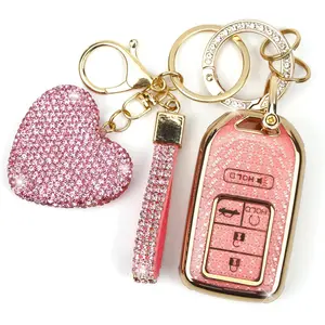 Key Fob Cover with Diamond Keychain Car Key Holder Compatible with 2016-2022 Honda Accord Civic CRV Pilot Ridgeline Passport Smart Remote Key Protector for Women, 5 Buttons (Pink-Heart)