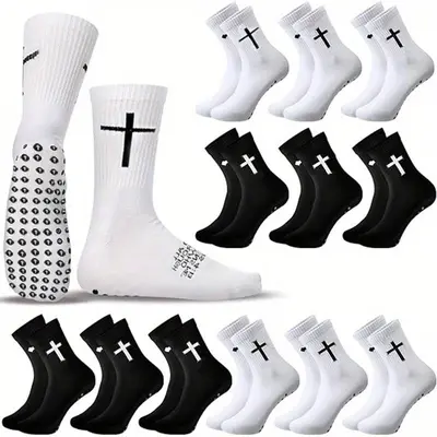 6 Pairs Cross Grip Soccer Socks – Anti-Slip Rubber Dots, Bible Verse Design, Polyester Cotton, For Football & Yoga