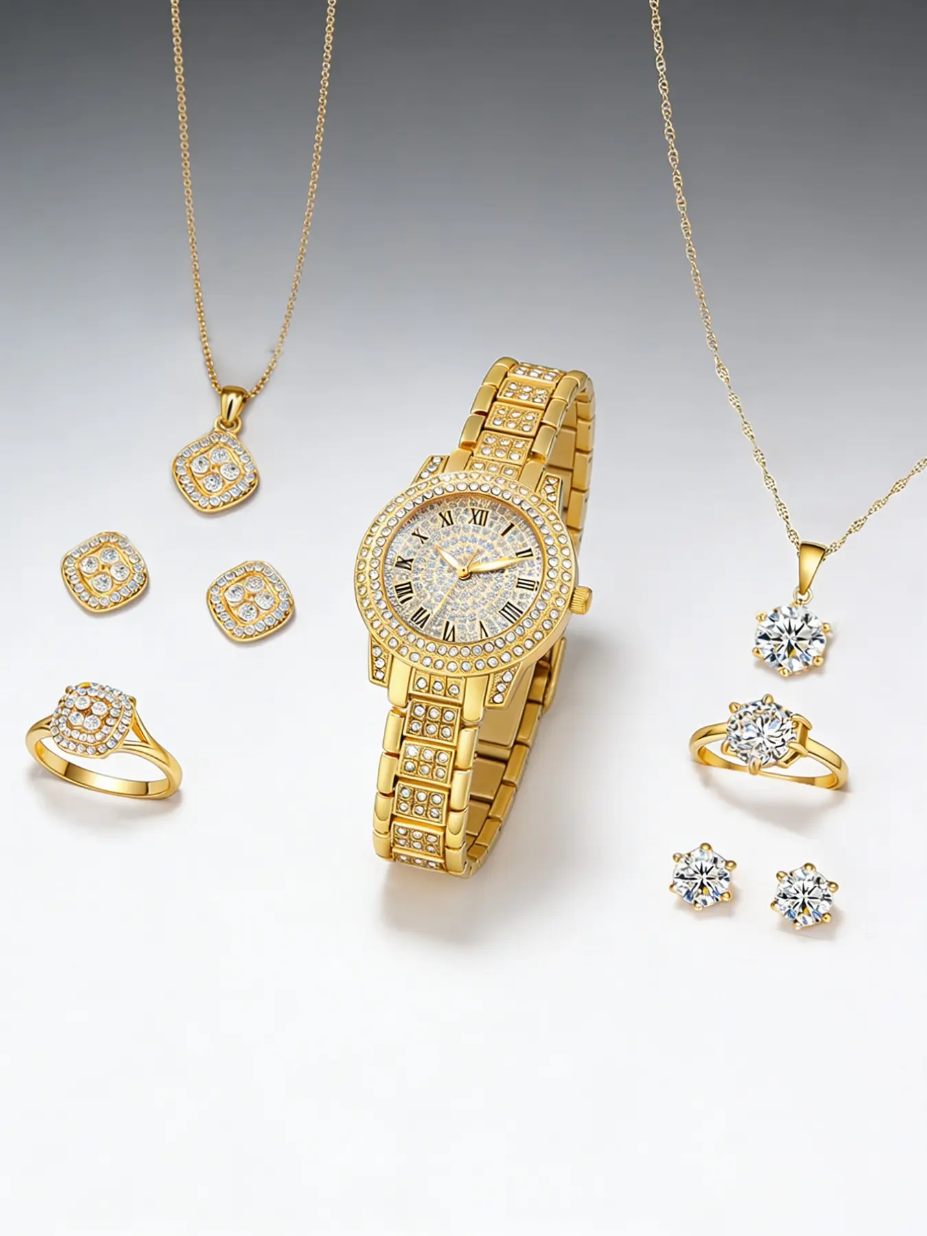 Luxury Quartz Watch Set, Stainless Steel Band, Analog Display, Perfect Gift for Women, All Seasons Wear, Includes Bracelet Necklace Ring, Matching Elegant Jewelry Set