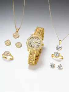 Luxury Quartz Watch Set, Stainless Steel Band, Analog Display, Perfect Gift for Women, All Seasons Wear, Includes Bracelet Necklace Ring, Matching Jewelry Set