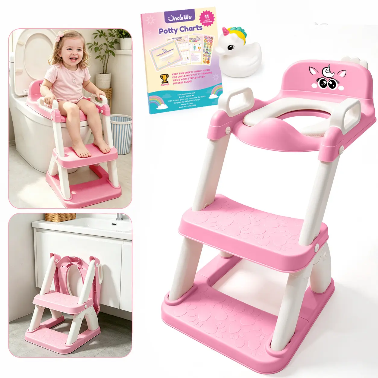 UNCLE WU Toddler Potty Training Seat with Step Stool, Non-Slip Ladder and Handles