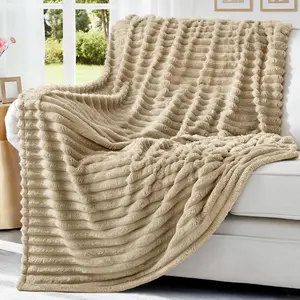 Soft Fleece Light Brown Throw Blanket for Couch, Cozy Fluffy Plush Flannel Striped Blanket for Sofa Bed, Lightweight Decorative Ribbed Fuzzy Blanket for Woman, 50x60 Inches