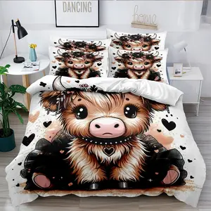 3-Piece Down Comforter Set, Highland Cow Cartoon Style, 3D Digital Print Soft Warm Bedding, Bedroom & Guest Room Decor, Zipper Closure