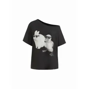 Cider Women's Asymmetrical Neck T-Shirt with Rabbit & Duck Graphic