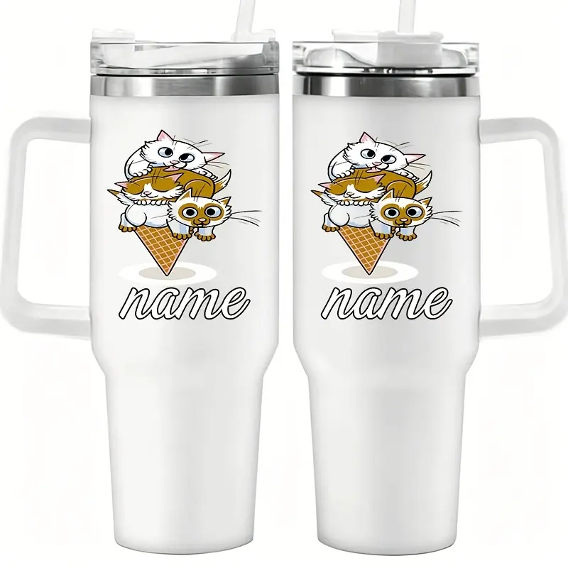 Women's 40oz Tall Stainless Steel Vacuum Insulated Flask - Cute Kitten Stacked Ice Cream Cone Custom Name Print Tumbler with Handle, Leak-Proof Travel Mug, Cat Lover Birthday Gift Ideas