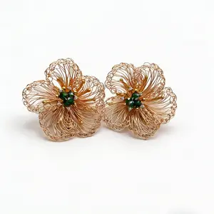 Hand-wrapped copper wire woven metal flower earrings
