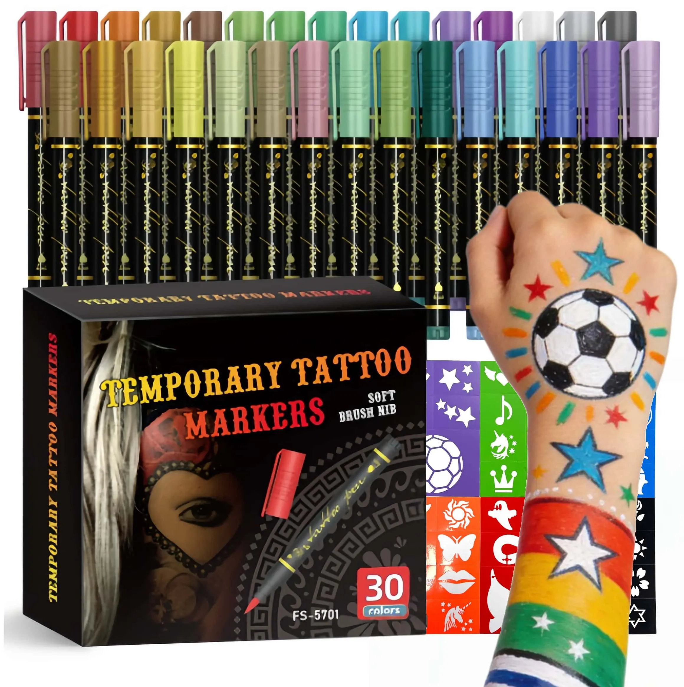 10/15/30pcs Temporary Tattoo Markers for Skin, Skin Safe, 10/15/30-Count Body Markers 10/15/30-Color Tattoo Pens, Flexible Brush Tip, Bright Colors, Cosmetic Quality Face Paint Kit, Perfect Christmas Gifts-MM
