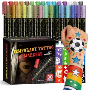 10/15/30pcs Temporary Tattoo Markers for Skin, Skin Safe, 10/15/30-Count Body Markers 10/15/30-Color Tattoo Pens, Flexible Brush Tip, Bright Colors, Cosmetic Quality Face Paint Kit, Perfect Christmas Gifts-MM