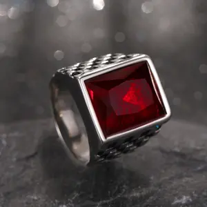 Fashion Dark Red Gemstone Inlaid Stainless Steel Ring for Men, Unique Hip-Hop Ethnic Style Geometric Square Ring