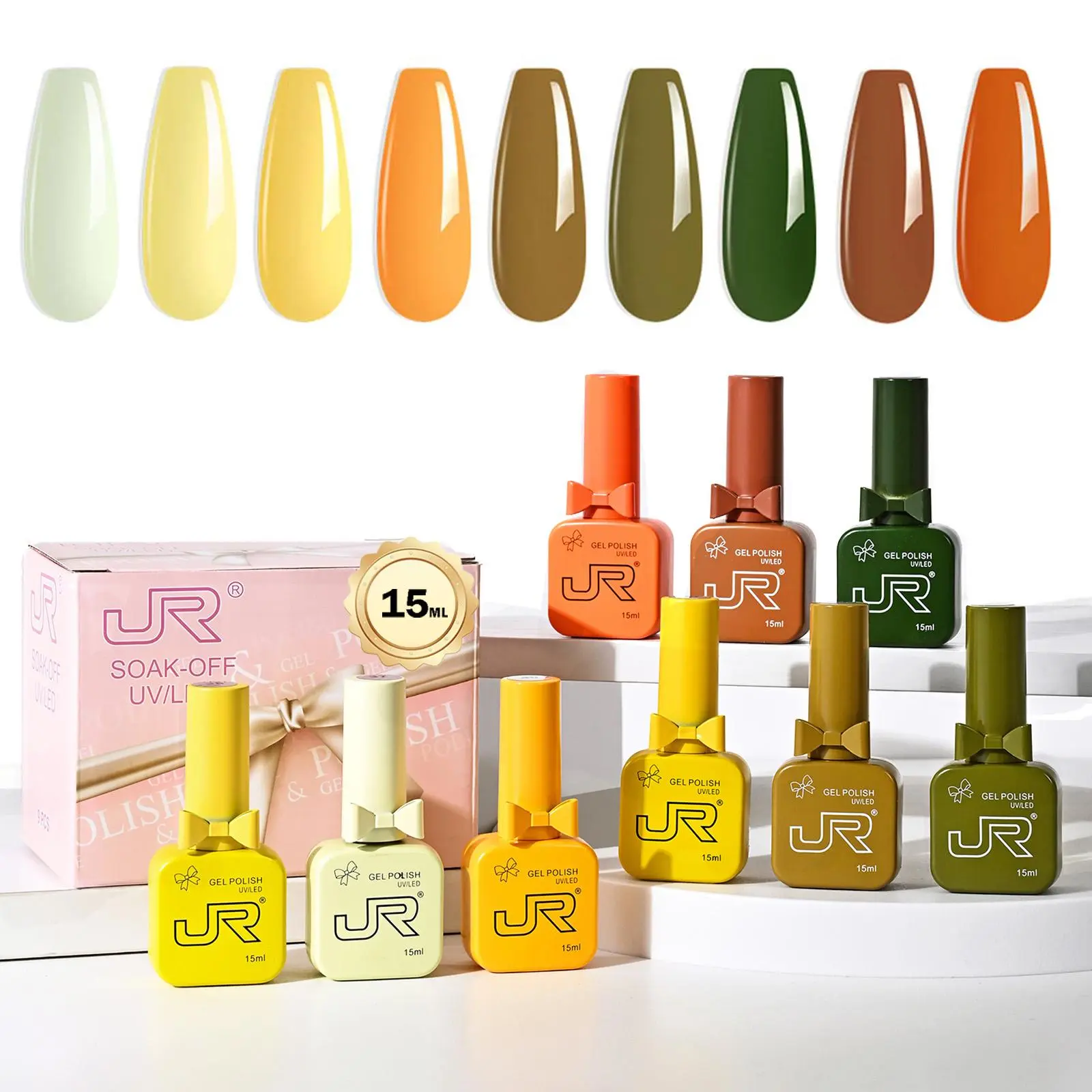 JR 9-Piece Smooth Summer Gel Nail Polish Set (15ml Each) - HEMA-Free, 60s Fast Curing, 21-Day High-Gloss Soak-Off UV/LED Colors for DIY Manicure, Pool Parties, Outdoor Events (Maple Orange Shades), Flawless, Bottle, Pumpkin Orange, Beach, Casual, French T