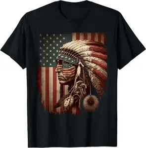 100% Cotton Indigenous People Tribal CG Native American Indian Chief American USA Flag T-Shirt