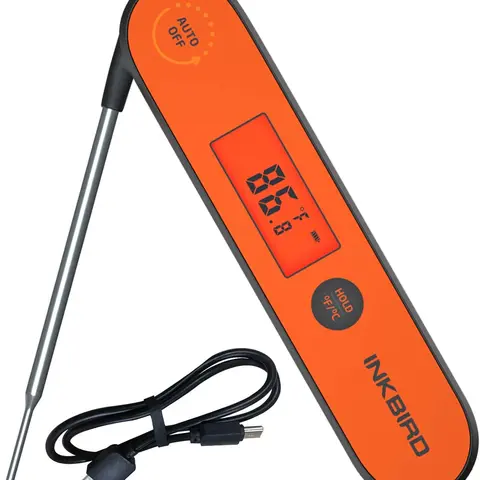 INKBIRD Digital Instant-Read Kitchen Thermometer - Kitchenware, 1 LCD Display, Stainless Steel & Plastic Gadget, IPX5 Waterproof Rechargeable Battery, Magnetic Back, Read Temps in 3-5s, 30h No Backlight Tool for Grilling, Frying
