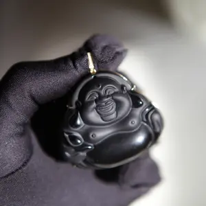 Large black jade buddha pendant 18k gold 0.019ct vvs