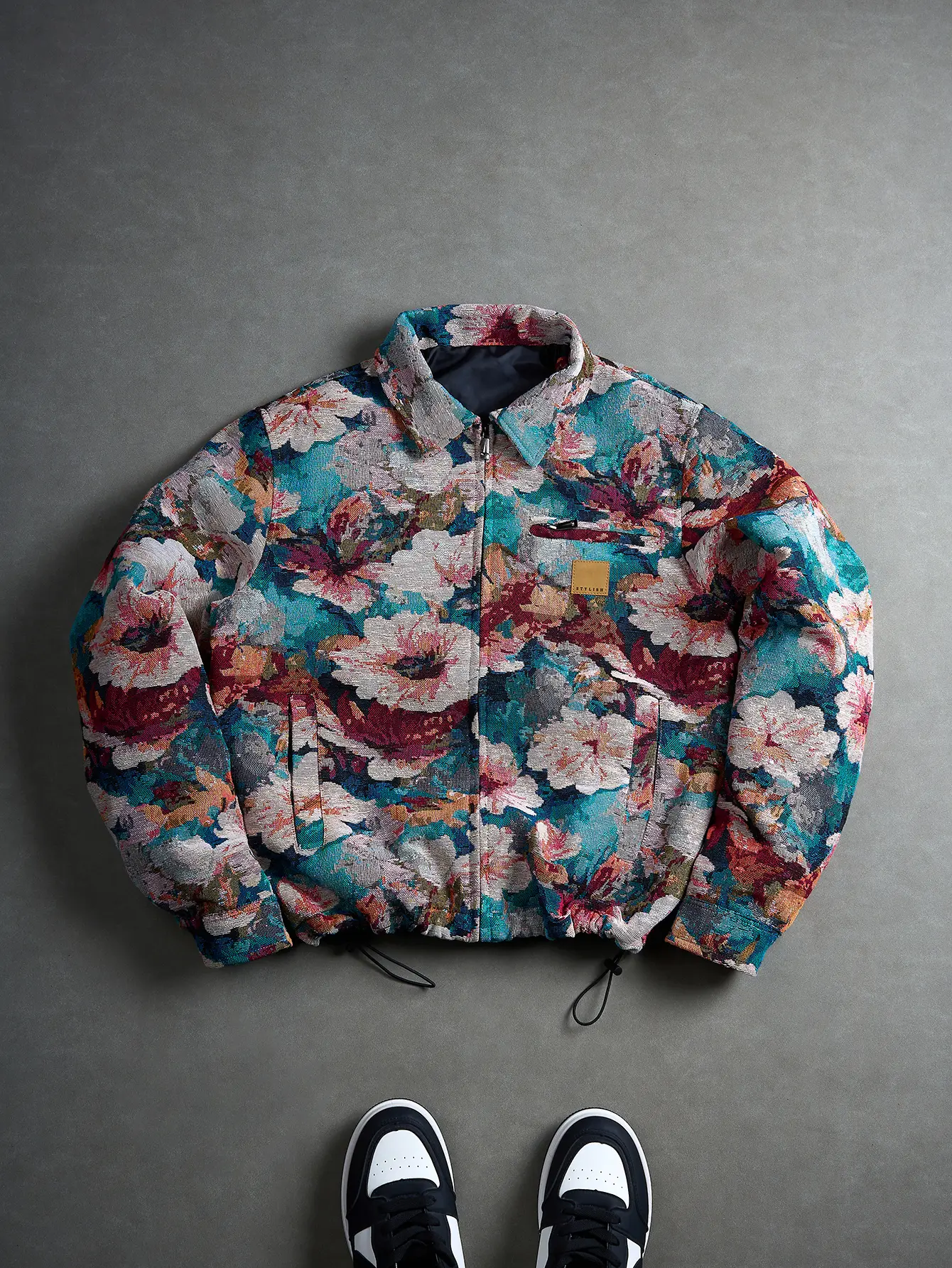 Men's Floral Jacquard Artistic Oil Painting Coat - Multi-Pocket, Turn-Down Collar, Drawstring Menswear Top, Ideal for Street Fashion, Holiday Outings, Coats