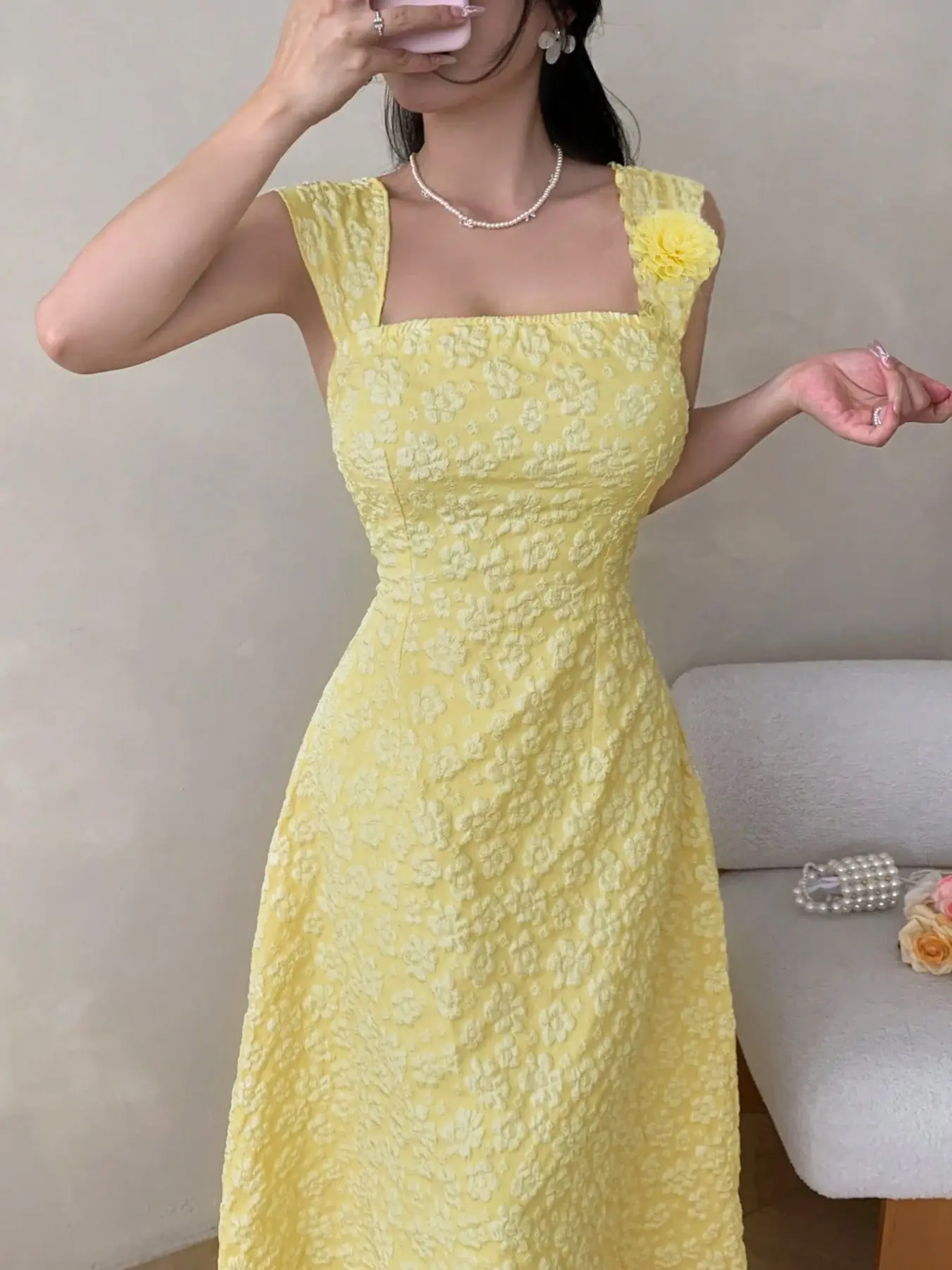 Women's Square Neck Floral Embossed Print Wide Strap A-Line Midi Dress, Casual Wear, Summer, Flower Decoration, Waist Cinch, Elegant, Stylish and Chic Design