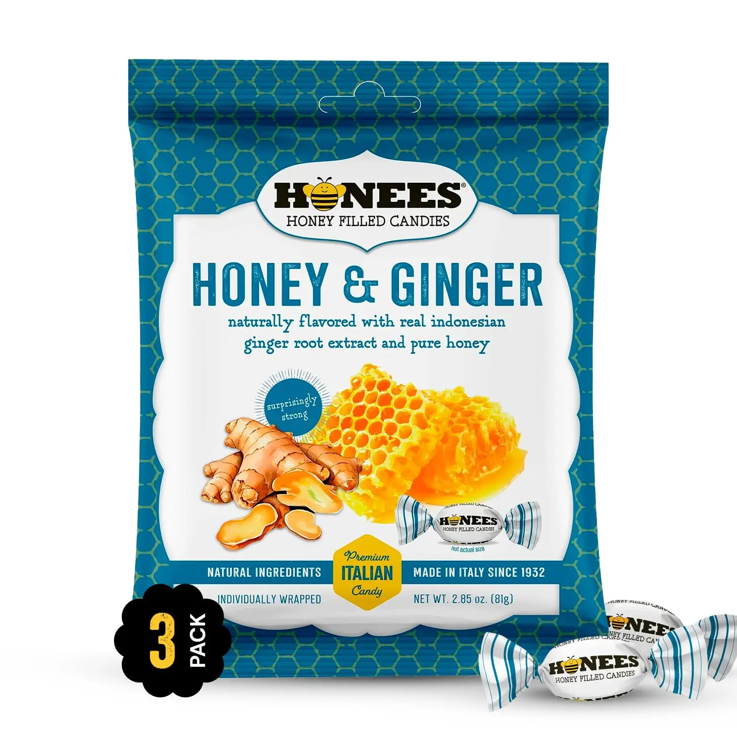 Honees Honey & Ginger Hard Candy Individually Wrapped | Natural & Healthy Candy, Italian Made with Real Honey & Indonesian Ginger, 3 Pack (8.55 oz)